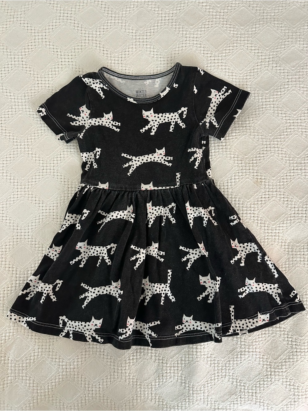 Girls' Black Cat Print Short Sleeve Twirl Dress